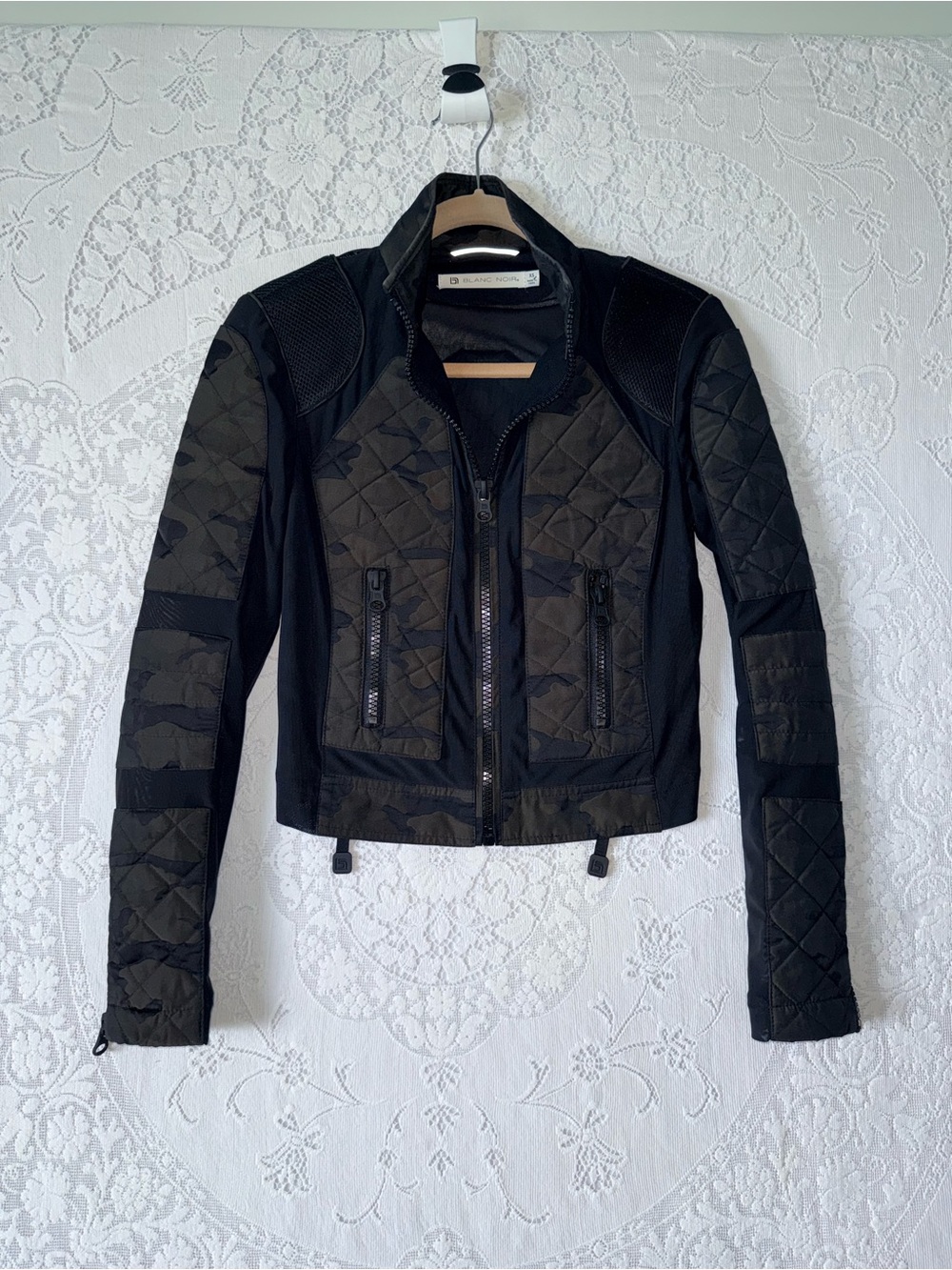 Blanc Noir Camo Mesh Moto Jacket Black Quilted Lace Up Back XS